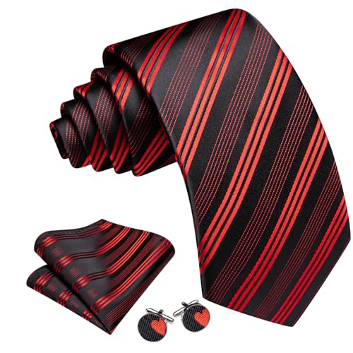 Image of Barry.Wang Man Stripe Ties Set Silk Woven Pocket Square Necktie Cufflinks Formal Party Business