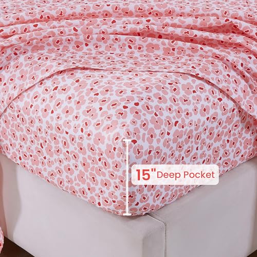 Image of Softan Pink Floral Full Sheet Set, Cozy Microfiber Leopard Printed Fitted Bed Sheet with 15 inch Deep Pockets & Non-Slip Straps, Cute Girls Patterned Double Sheets & Pillowcase Set