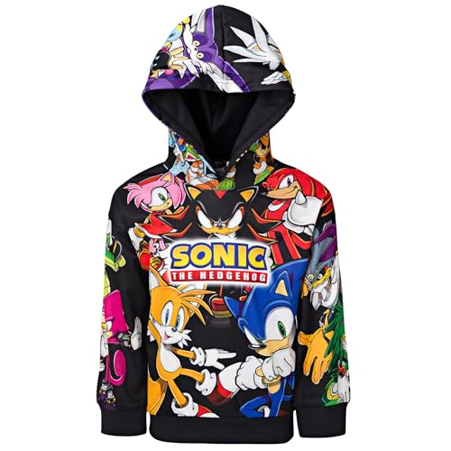 SEGA Sonic the Hedgehog Boys Pullover Hoodie with Side Pockets Black Multi Character Print - 6