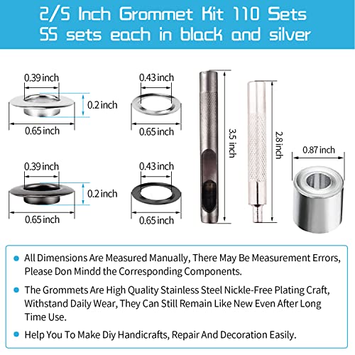 Grommet Tool Kit, 2/5 Inch Grommets Eyelets Sets, 110 Set Eyelets Kit With 3 Pcs Installation Tools And 1 Pcs Storage Box, Stainless Steel Grommets For Fabric, Tarps, Clothing (Black And Silver) #TOP1