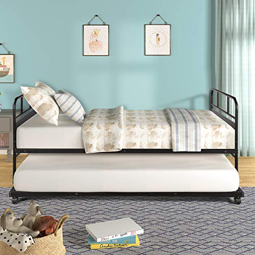 Harper & Bright Designs Twin Size Metal Daybed with Trundle Platform Bed Frame Trundle Bed with Built-in Casters for Living Room, Guest Room, Black