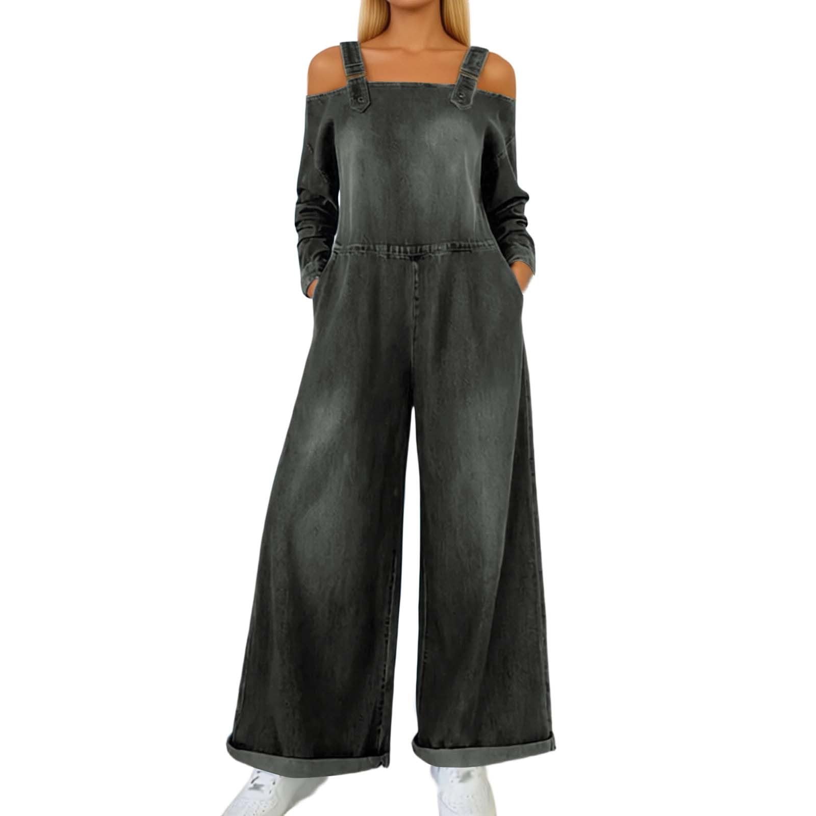 Combinaisons en jean pour femme - Salopette en denim délavé - Manches longues - Épaules dénudées - Combinaison décontractée - Jambes larges - Coupe ample - Body baggy avec poches