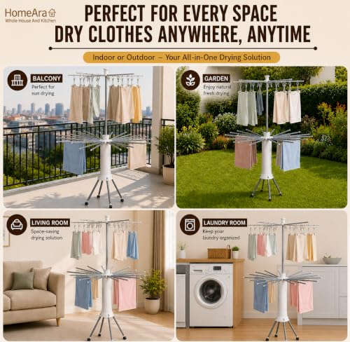 Image of 360 Rotating Clothes Drying Stand with 16 Aluminum Drying Rods & 20 Stainless Steel Clips | Foldable Indoor Outdoor Laundry Drying Rack | 4 Wheels | Compact Space Saving Cloth Dryer Stand