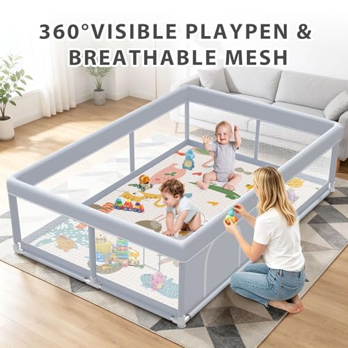 Image of XVISHX Baby Playpen with Mat, 65 x 50 Inch Play Pen Playards, Playpen for Babies and Toddlers, Baby Playard for Indoor & Outdoor Active Center Game Fence, Skin-Friendly Fabric and Soft Breathable Mesh