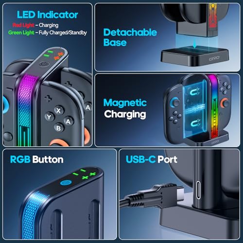 Image of Switch 2 Controller Charger Dock for 2025 Nintendo Switch 2 JoyCon, 2.5H Fast Magnetic Charging Station with LED RGB & Indicator, Compact Joy-Con 2 Detachable Charging Accessories with Cable Protector