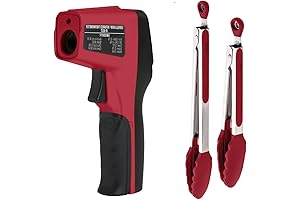 Gorilla Grip Thermometer and Heat Resistant BBQ Tongs, Infrared LCD Digital Thermometer and Tongs