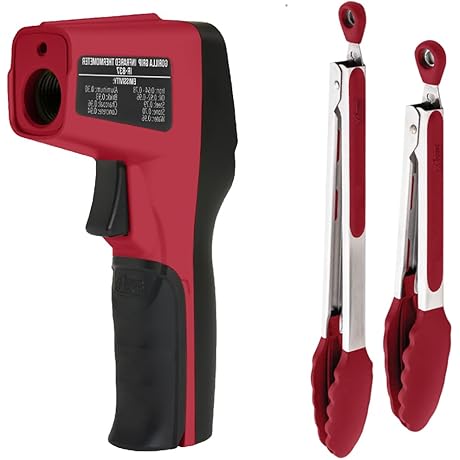 Gorilla Grip Thermometer and Heat Resistant BBQ Tongs, Infrared LCD Digital Thermometer and Tongs