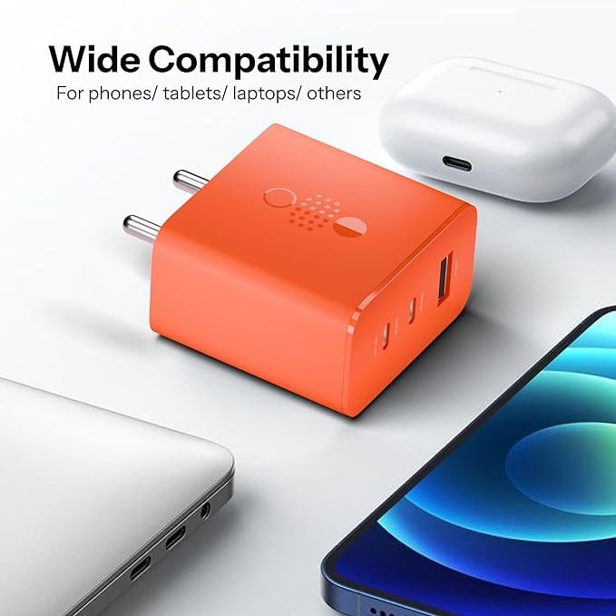 Image of 65W GaN Type C 3 Port Wall Charger Adapter & C to C Cable, USB C1 65 W, USB C2 45W, USB A 18W, Max Capacity 65-Watt USB C for Phone 2a /2 /1, Sam Sung S24 Mobile Orange (DP42)