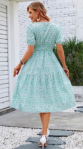 Image of Kormei Women Summer Casual Boho Floral Round Neck Short Sleeve Smocked Waist Tiered Flowy Swing Midi Dress