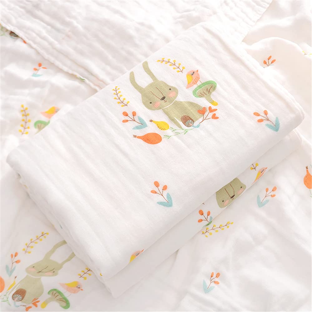Chickwin Muslins Swaddle Blanket Baby Newborn Soft 6 Layers Cotton Muslins Cloths Cartoon Print Bath Towel Toddler Baby Shower Pram Cot Bed Sleeping Throw (Rabbit Paradise,110x110cm)