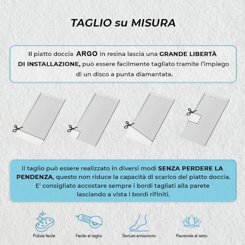 Piatto Doccia 80X120 Cm Bianco Effetto Pietra In Resina, Spessore 3 Cm E Scarico Con Canalina, Riducibile Su Misura Argo - 6