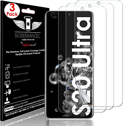 TECHGEAR [3 Pack Screen Protector fits Samsung Galaxy S20 Ultra [Screen Angel Edition] [In-Display Fingerprint Support][Case Friendly] [Bubble Free] [FULL Screen Coverage] HD Clear Flexible TPU Film