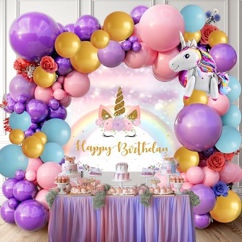 Image of Party Propz Unicorn Theme Birthday Decoration Kit For Girls - 64 Pcs,Happy Birthday Banner Backdrop Decoration (5x4 ft),Colourful Balloons, Unicorn Foil Balloon,Bday Decoration Items for Girls