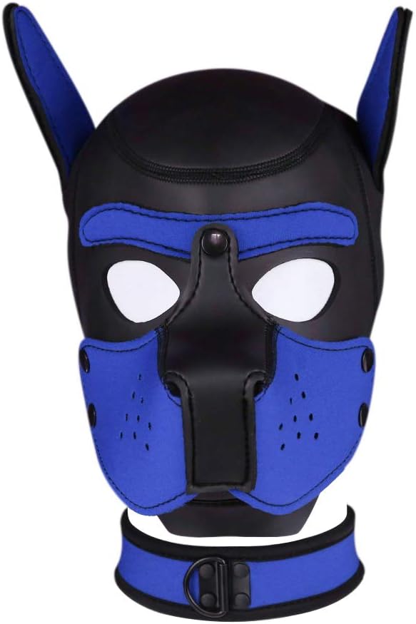 FeiGu Unisex Costume Dog Head Mask with Collar, Neoprene Full Face Puppy Hood Cosplay Mask Choker Set (Large, Black & Blue)