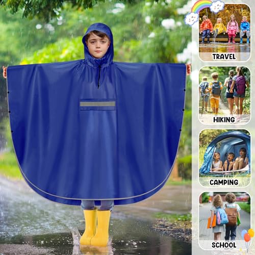 NEUROVE Regencape Unisex Wasserdicht Regenponcho Kinder Regenkleidung Mit Reflektierender Poncho Regenjacke Für Jungen Mädchen 140-160cm, Blau