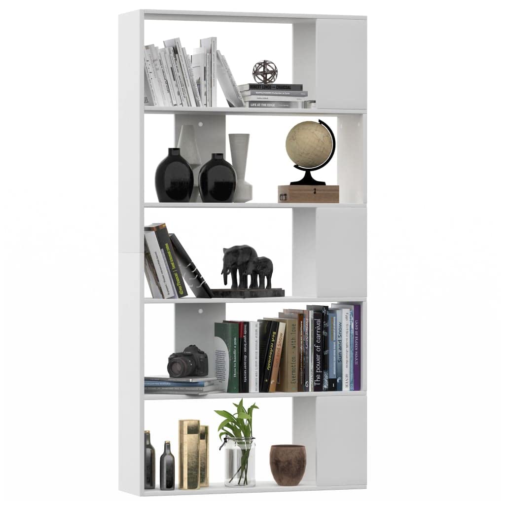 Bücherregal Weiß 80x24x159 cm Holzwerkstoff mit 5 großen Fächern, freistehend als Raumteiler, Stauraum für Bücher, Ordner, Deko im Wohnzimmer, Büro, Kinderzimmer, platzsparend und robust
