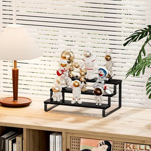 Image of 3 Tier Wooden Spice Rack for Kitchen Countertop -Step Shelf Organizer for Spices, Jars & Condiments | Metal Frame Wood Shelf For Counter Storage - Black (35 x 24 x 15 cm)