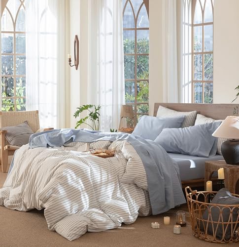 Image of MooMee Sheet Set 100% Washed Cotton Linen-Like Extra Deep Pocket King | Relaxed Linen-like Texture. Soft, Breathable & Lightweight Comfort. 15-19 inch Extra Deep Pocket with All-around Elastic