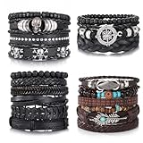KISS WIFE Leather Bracelet for Men, 4 Packs Punk Bracelets Set, PU Braided Wrap Wristband Skull Skeleton Rock Emo Jewelry Accessories Adjustable Black Brown