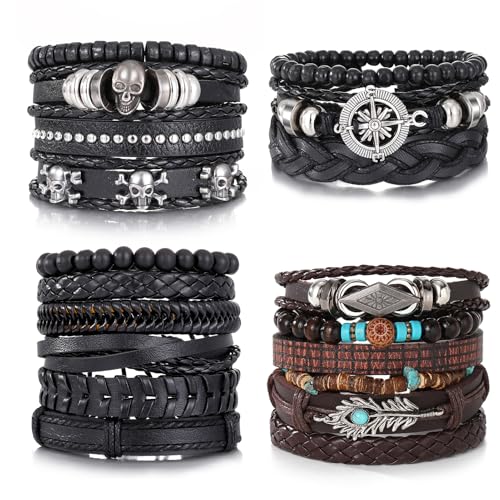 KISS WIFE Leather Bracelet for Men, 4 Packs Punk Bracelets Set, PU Braided Wrap Wristband Skull Skeleton Rock Emo Jewelry Accessories Adjustable Black Brown