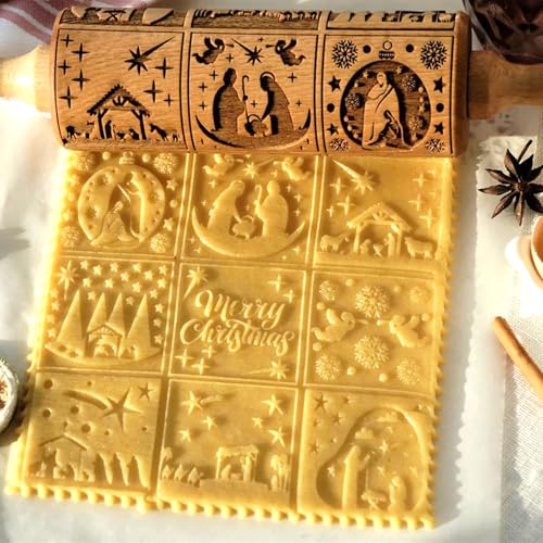 Holz-Nudelholz, Teigroller Nudelholz mit Muster, 3D Präge Nudelholz, Krippenmuster Weihnachten, Präge Nudelholz Backzubehör für Fondant Teig Pizza Keks