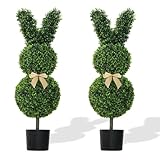 IVYYUUOH Rabbit Shaped Topiary Trees – Set of 2 – 3ft High Artificial Boxwood – Swaying Ears and Brown Bow Tie – UV-Resistant – Indoor & Outdoor Decor