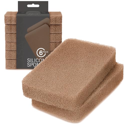 Image of Casanero 6 Pack Silicone Dish Sponges, Heavy Duty Non Scratch Sponges for Dishwashing, Reusable Household Cleaning Sponges for Kitchen, Countertop, Bathroom, Non Stick Cookware or Car