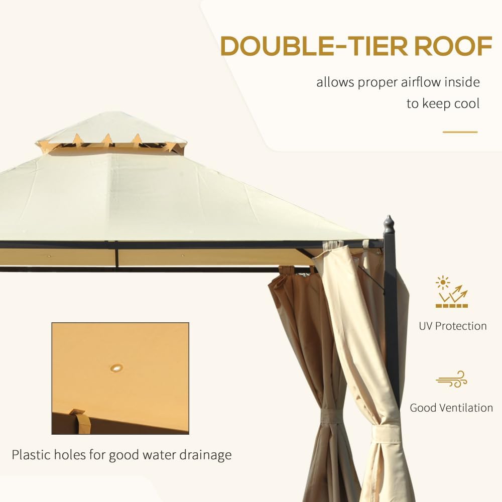 Outdoor Steel Patio Gazebo with Privacy Curtains and Two-Tier Roof for Airflow