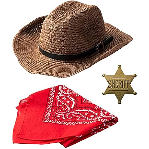 W1cwey 3PCS Western Cowboy Costume, Cowboy Hat Cosplay Accessory, Brown Western Cowboy Hat Dress Up for Kids, Funny Halloween Party Roleplay, Set of 1 Cowboy Hat, 1 Red Bandanna, 1 Metal Sheriff Badge Cover