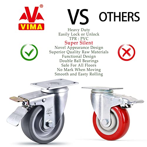 4 Inch Castets Set Of 4 Heavy Duty Caster Wheels With Brake 2200Lbs Swivel Rigid Tpr Rubber Wheel Silent Castor Locking Industrial Plate Casters Wheels For Cart Furniture Workbench, 2 Fixed & 2 Brake #TOP2