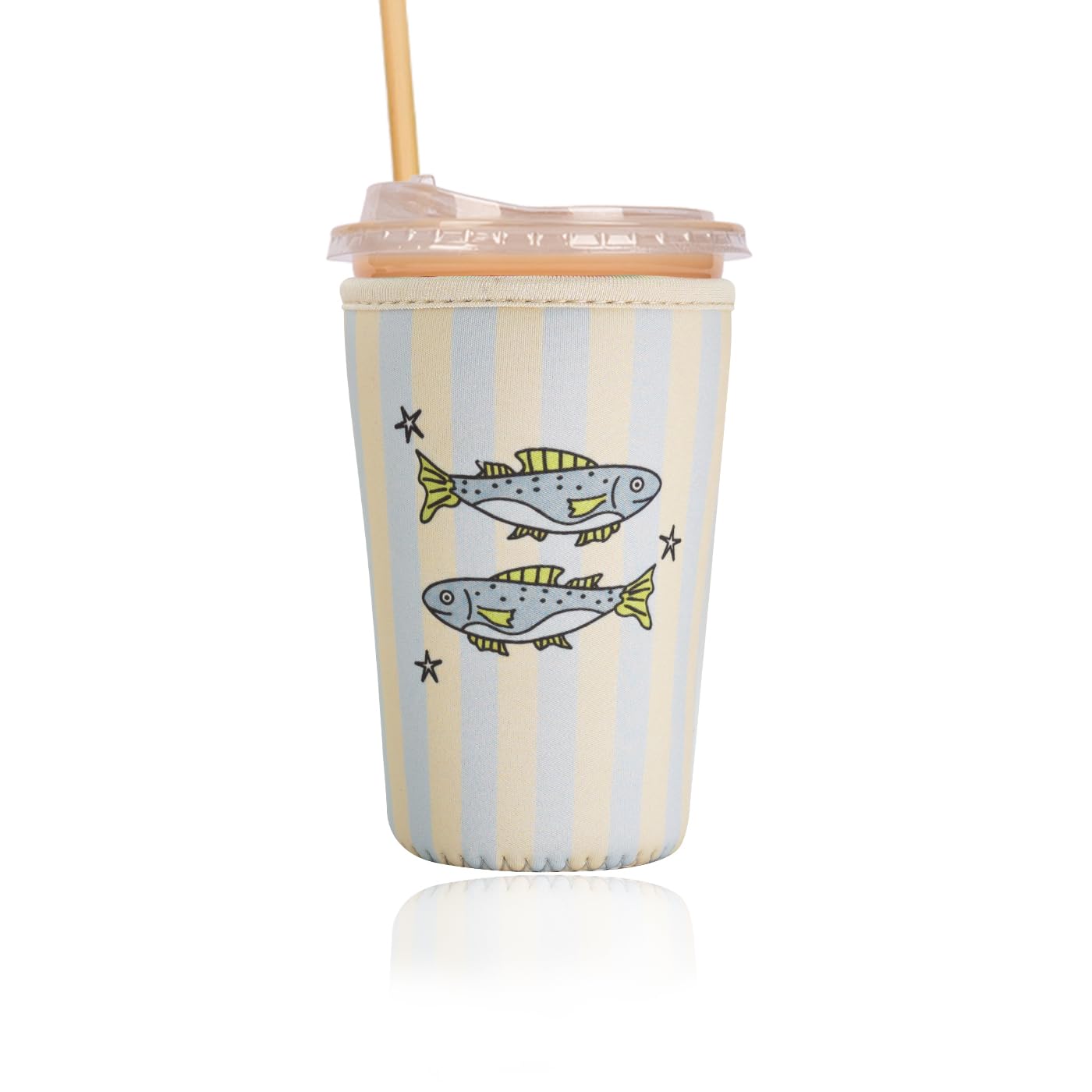 Reusable Insulated Sleeve for Iced Coffee Cup, Coffee Neoprene Sleeve for Cold &amp; Hot Drinks, Beverage Holder for Iced Coffee (Fish Stripes, Medium: 22-24oz)