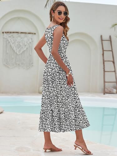 Image of AUSELILY Womens Summer Maxi Dress Casual Sleeveless V Neck Floral Dresses | A line shape with practical side pockets, Vacation dress for resort walks, Pair with low heels and simple jewelry