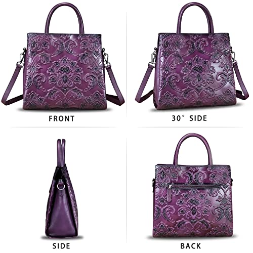 Image of Genuine Leather Satchel for Women Top Handle Handbag Handmade Embossed Vintage Satchel Crossbody Handbags Purse Bag