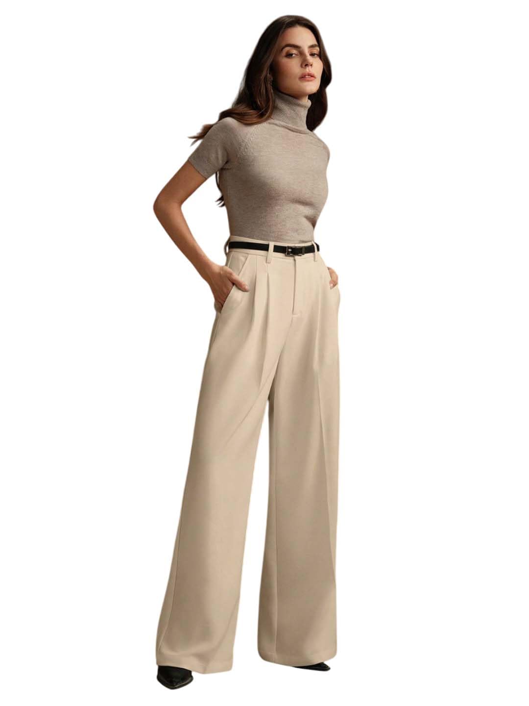 KOTTY Women’s Beige High Waist Wide Leg Straight Trouser for Formal and Office Wear
