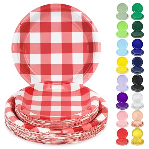 LANLISA 50 Red Gingham Paper Plates Set Includes 25-9 & 25-7 Disposable Birthday Cake Dessert Red and White Plates for Party Supplies