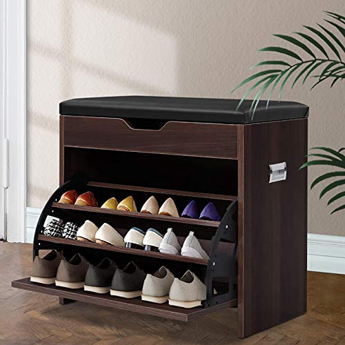 Artiss Shoe Storage Cabinet Bench Box Drawers Adjustable Shelf Stand Shoes Organiser Benches Seat Stool Organizer Home Decor Indoor Outdoor Bedroom Hallway Furniture, Durable and Strong Walnut