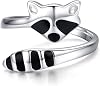 PRAYMOS Raccoon Ring for Women 925 Sterling Silver Adjustable Open Ring Size 4 5 6 7 8 9 10 11 12 Raccoon Jewelry Gifts