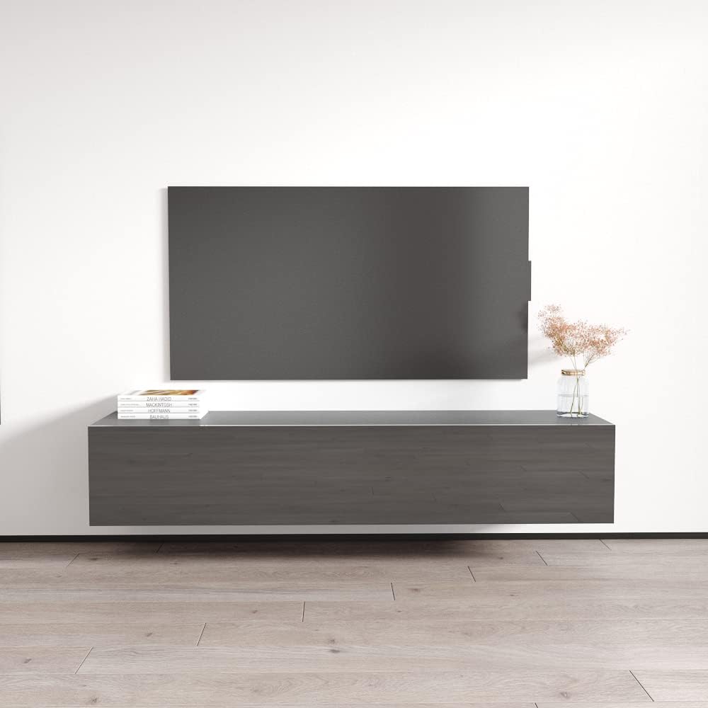 Meble Furniture Fly Type-30 63'' Floating TV Stand with Storage Cabinets — Modern Freestanding Rectangular Media Console — Fits TVs up to 70", 63 x 15.7 x 18.5 in — Gray