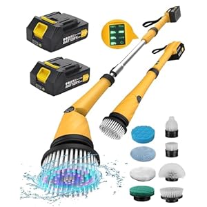 Qimedo Two Battery Electric Spin Scrubber, 1200 RPM Cordless Cleaning Brush with Smart Display, Electric Tile Floor Scrubber with 8 Brushes, Waterproof Battery Powered Shower Scrubber
