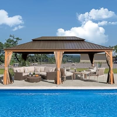 Domi Hardtop Gazebo 14x24FT, Outdoor Gazebo with Galvanized Steel Double Roof, Aluminum Frame, Built-in Gutter System, Curtain and Netting, Metal Gazebo Pavilion for Patio Deck Garden, Wood-Looking