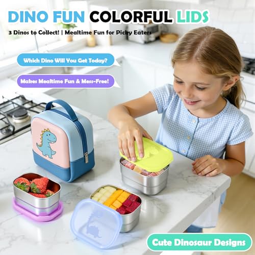 Image of Tanjiae 3x8oz Small Stainless Steel Snack Containers - 230mL Leakproof Food Containers with Cute Dino Lids | LFGB Certified, Stackable Metal Snack Box for Home, Office, Travel