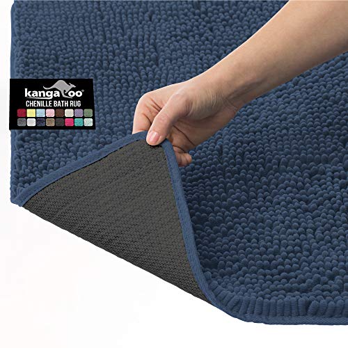 Kangaroo Plush Luxury Chenille Bath Rug, 30x20, Extra Soft and Absorbent Shaggy Bathroom Mat Rugs, Washable, Strong Underside, Plush Carpet Mats for Kids Tub, Shower, Bathtub and Bath Room, Navy Blue