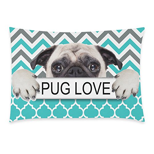 InterestPrint Puppy Pug Dog Pug Love Green Chevron Pattern Pillowcase Standard Size 20 x 30 Inches One Side, A Pug Dog with Pug Love in Hands Chevron Pillow Cases Cover Shams Decorative