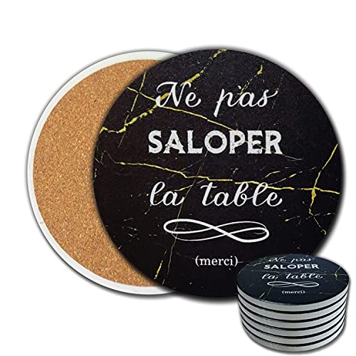 Dessous de Verre Original (Lot de 6) | Céramique Absorbant Effet marbre | Patin antidérapant et Anti-Rayure en Liège | Ne Pas Noir Cover