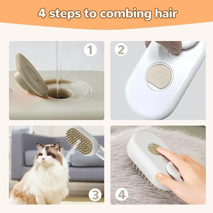 Cat Steam Brush, 3 In 1 Steamy Cat Brush with Release Button and Tank, Anti-Static Pet Spray Hair Removal Comb, Rechargeable Steam Dog Comb for Furry Pet (White& Khaki)