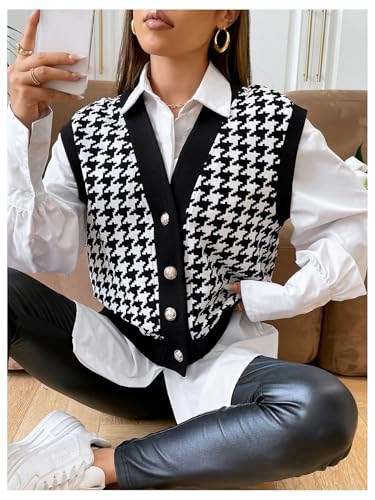 WDIRARA Women's Houndstooth Button Down V Neck Sleeveless Color Block Vest Jacket3