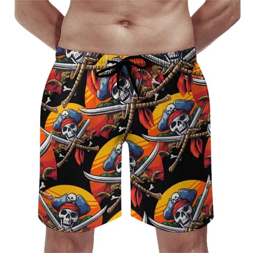 Pirate Skull Island Sunset Men's Swim Trunks Board Shorts Beachshorts Swimsuits with Pockets Mesh Liner