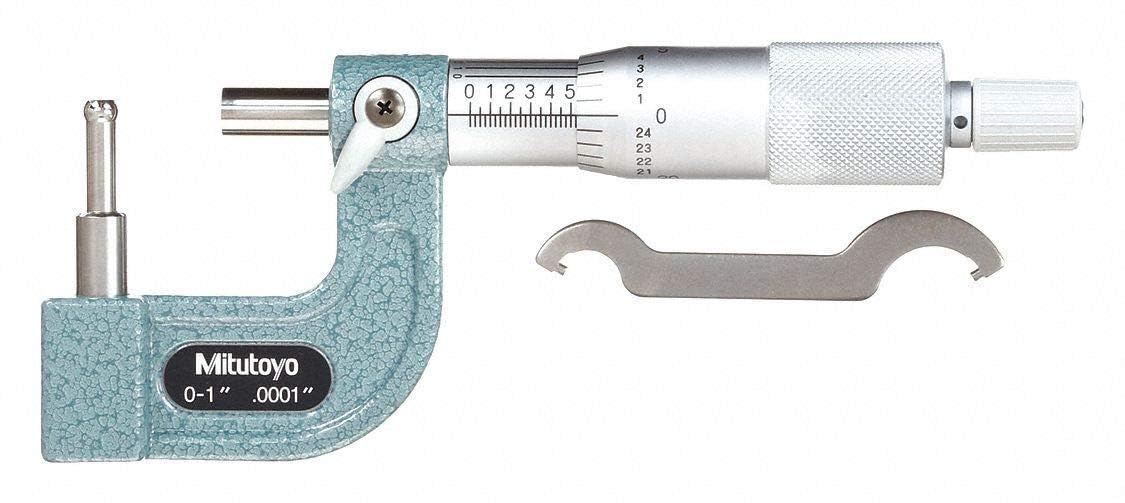 Mitutoyo 115-313 Spherical Anvil Tube Micrometer, 0-1" Range, 0.0001" Graduation, 0.185" Dia. Anvil, Ratchet Stop, Carbide Spindle, Satin Chrome Finish, Hammertone Enamel, Supplied in Plastic Case