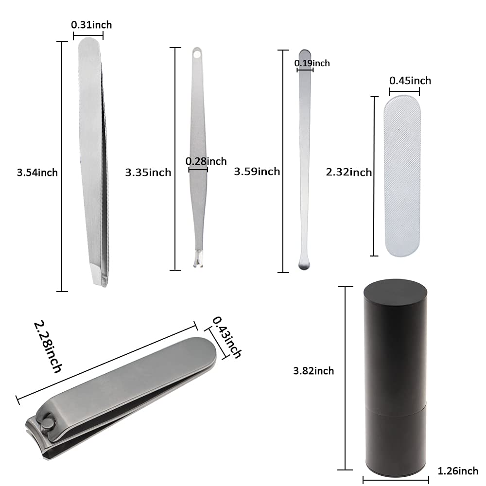 Kit de manucure en acier inoxydable avec coupe-ongles, lime à ongles, repousse-cuticules, pince à sourcils, cuillère d'oreille et étui de voyage, lot de 5 (noir)