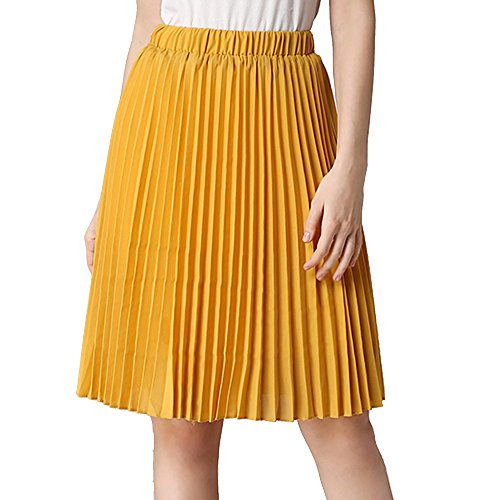 Image of TEERFU Womens Double Layer Chiffon Pleated Retro Skirt Elastic Waist Skirt Orange